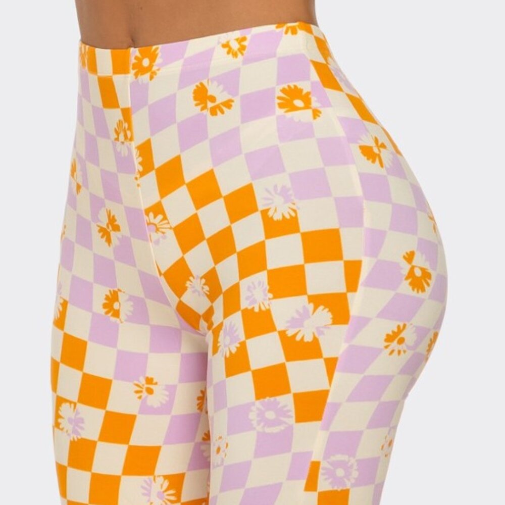 NEW Floral Wavy Checkerboard Groovy Retro Flared Long Pants Small - Picture 5 of 5